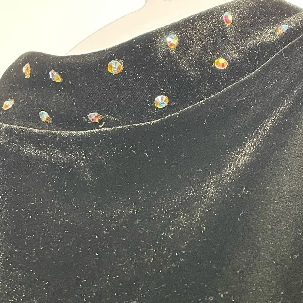 Carol Dupuis Jazz Skin Black Velvet Mesh Sleeve Rhinestone Leotard Bodysuit used